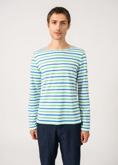 Minquiers tricolour striped sailor shirt - slim fit, in light cotton (NEIGE/VERT/MER)